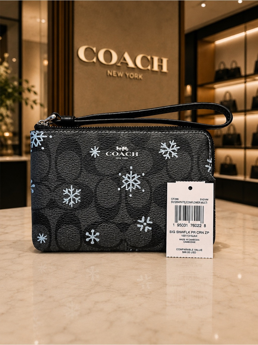 Coach Snowflake Print Corner Zip Wristlet Graphite Black Signature Canvas NWT